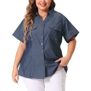 Chambray Shirts Plus Size Shirts Short Sleeve Button Down Tops Black Blue